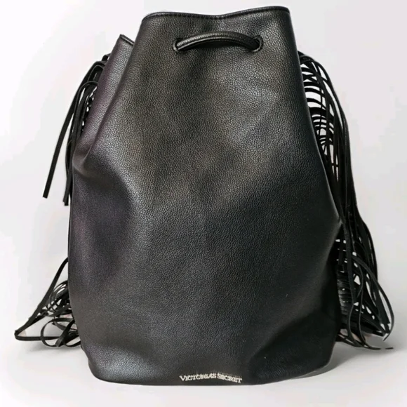 Victoria's Secret Fashion Backstage Black Faux Fur Fringe Backpack Bucket Bag - Picture 2 of 9